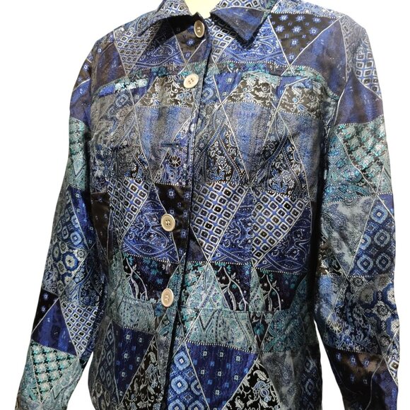 Coldwater Creek M womens vintage patchwork paisley triangle jacket blue silver - Picture 10 of 16